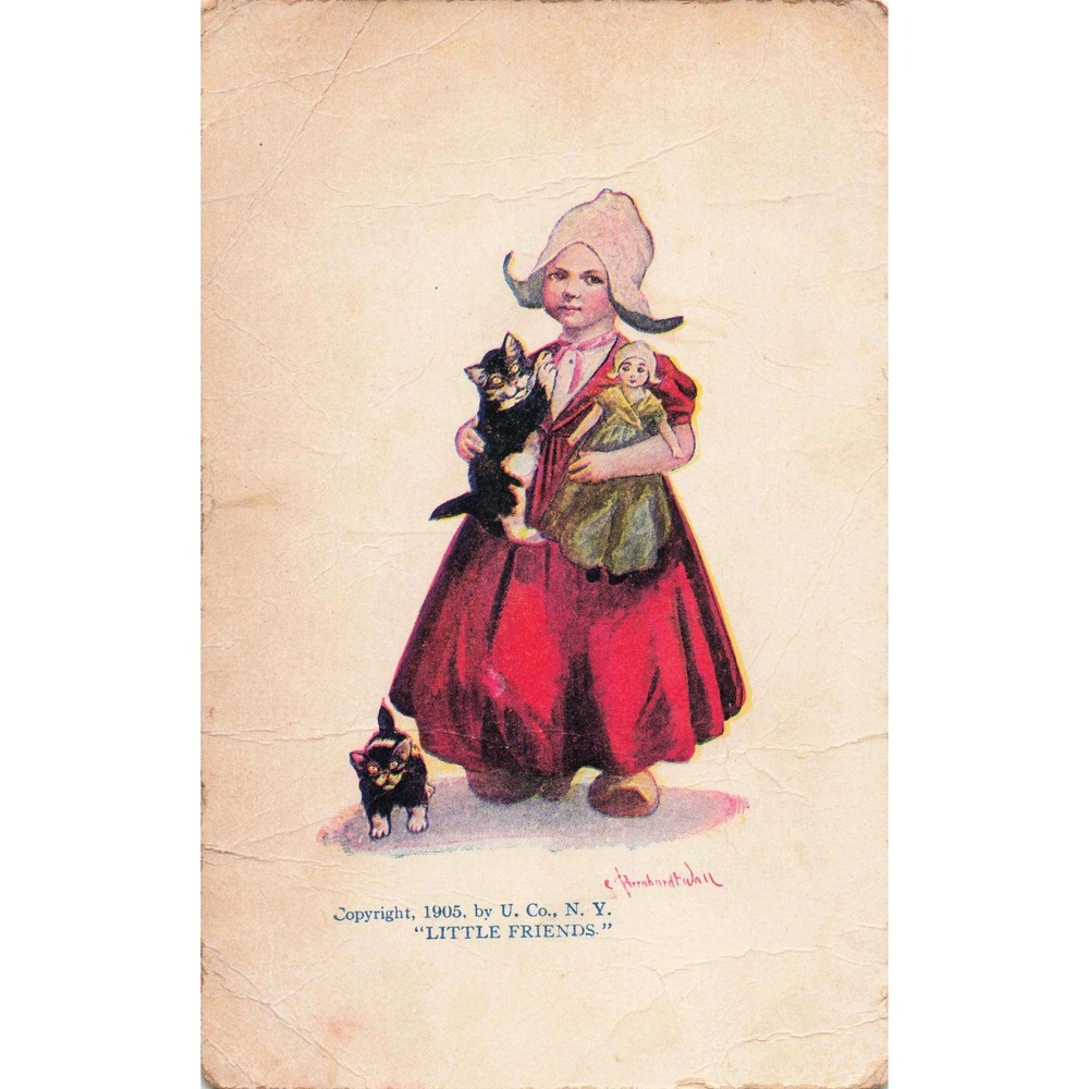 Vtg 1905 Little Friends Postcard Bernhardt Wall Dutch Girl Cat Kitten Doll